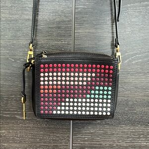 Fossil Black Crossbody Bag with Multicolor Stud Grid